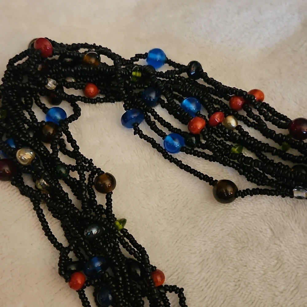 Vintage Indian Black and Multicolor Rainbow Glass Beaded Multi-strand Necklace